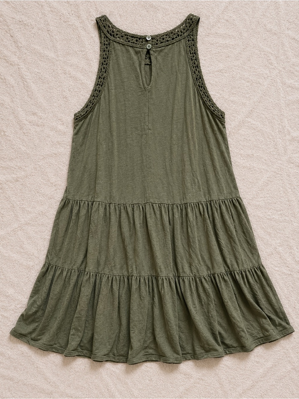Boho Olive Green Tiered Midi Dress XL Crochet Babydoll Sleeveless - Picture 3 of 6
